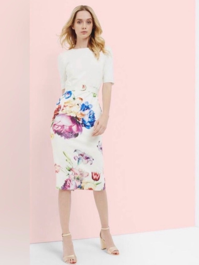 Ted Baker London, Aldora Cream Floral Midi Dress. Fully Lined. Size 8.